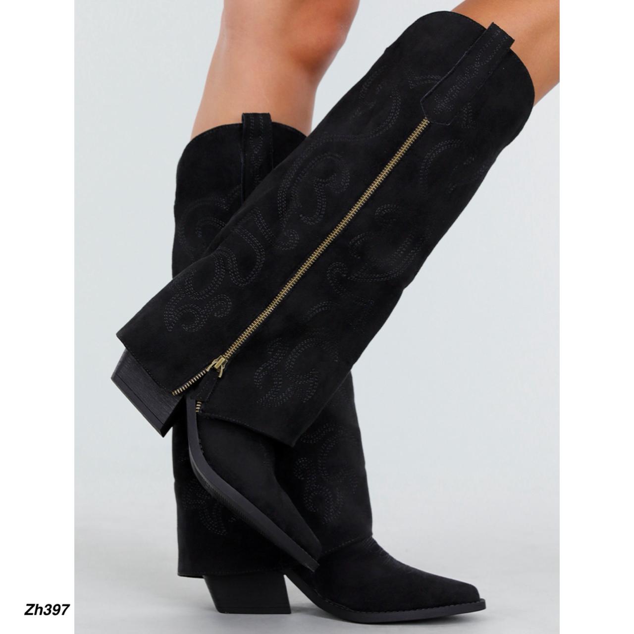 Bota texana negro doblez detalle cierre dorado tacon 7cm 2P8D-X1414-10 C-134